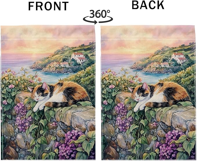Spring Summer Cat Garden Flag, Calico Cat Relaxing Floral Home Decor Garden Banner, Double Sided Polyester Yard Flag Outdoor Lawn Decoration 12x18 Inch