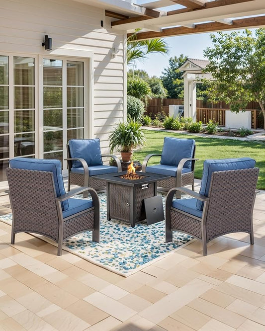 HUMMUH Patio Furniture Set with Fire Pit Table-Patio Chairs Set of 4 Outdoor Wicker Chairs for Deck Porch Garden Poolside Backyard-Brown/Blue