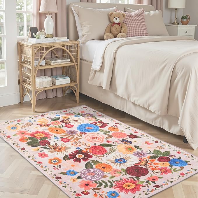 Pink/Beige Floral Machine Washable Rug, 3x5 Rug Non Slip Soft Bedroom Rugs for Entryway Dorm, Ultra-Thin Rugs for Bedroom Stain Resistan(3 x 5, Beige/Pink Garden)