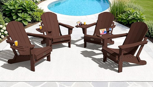 SERWALL Folding Adirondack Chair Set of 4, Outdoor Adirondack Chairs with 4 in 1 Cup Holder, Wood Texture Patio Chairs, Weather Resistant Fire Pit Chairs for Patio Deck Garden, Backyard Deck - Coffee