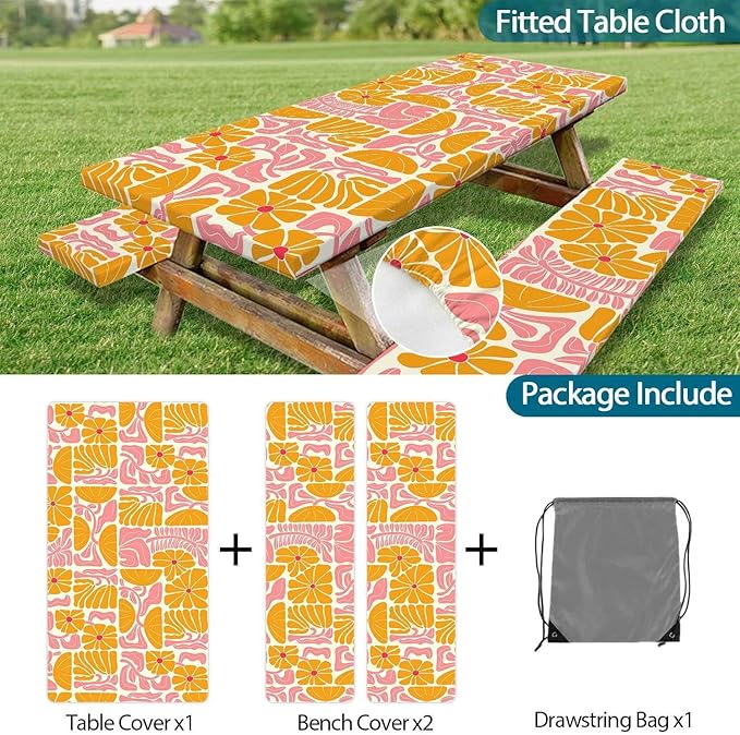Picnic Table Covers with Bench Covers Boho Patchwork Orange Pink Flower Pattern Camping Tablecloth Fitted Picnic Table Cover with Elastic Windproof Waterproof, Camping Accessories Outdoor, 72In 3PCS