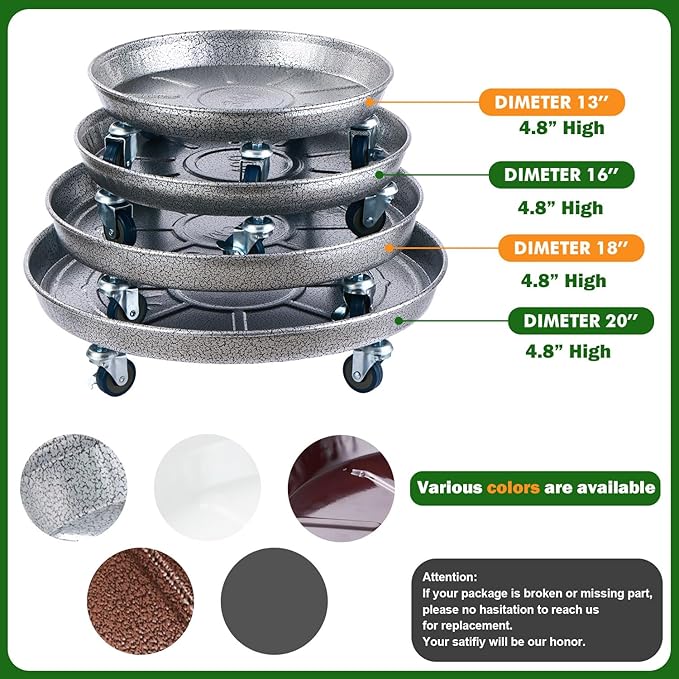 Planterhoma 3 Packs 20 Inch Metal Plant Caddy with Wheels Extra-Large Rolling Plant Stand Heavy-Duty Iron Plant Dolly Casters for Indoor Outdoor Flower Pot Mover Roller Coasters, Silver-Black