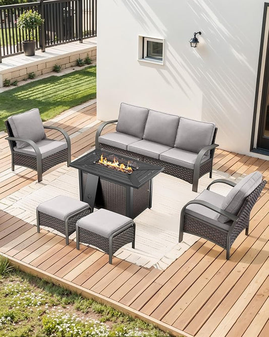 HUMMUH Outdoor Patio Furniture Set with Fire Pit-PE Wicker Patio Chairs Set of 2 with Rattan Sofa Patio Conversation Set for Deck Porch Garden Poolside Backyard-Brown/Grey