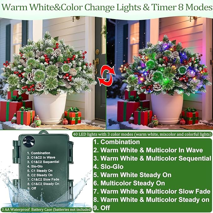 Timer - 2 Pack 24 Inch Lighted Outdoor Christmas Tree Urn Fillers Decorations,Warm White&Colorful Lights 8 Mode,Snowy Pinecones Red Berries Battery Operated Tripod Stake Holiday Planters Porch Pathway