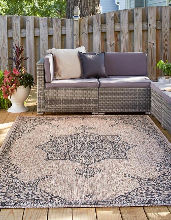 Unique Loom Outdoor Traditional Collection Area Rug - Antique (10' x 14' 1" Rectangle Beige/Black)