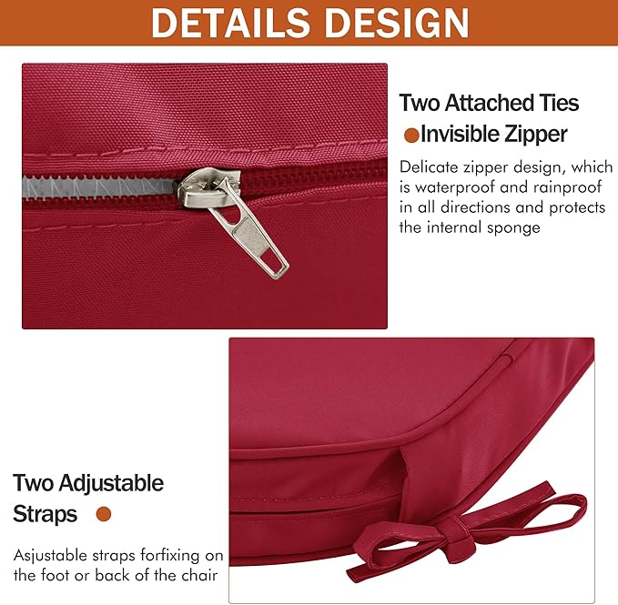 Outdoor Chair Cushions Set of 4 Water Resistant Patio Chair Cushions with Tie 3 Year Color Fastness Thick Outdoor Seat Cushion for Garden Lawn Round Corner Burgundy 17x16x2 Inch