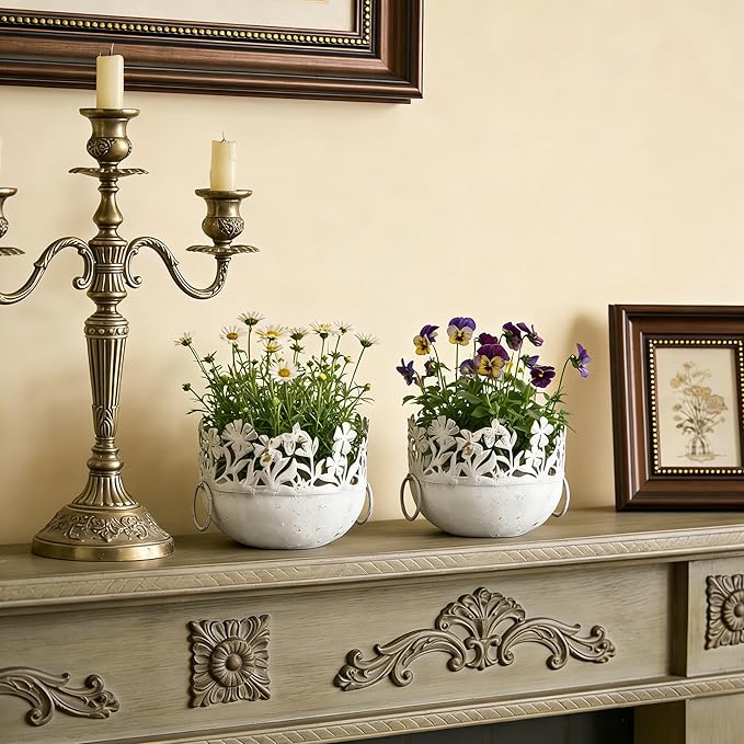 3-Piece Vintage Metal Floral Cutout Planter Set, Rustic Garden Flower Pots for Indoor Outdoor Decor, Distressed Bronze Planters with Handles