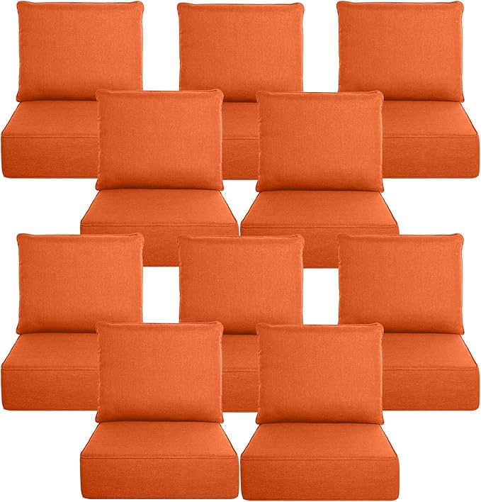 Belord Luxury 6" Thick Outdoor Cushion 10 Set - 24 x24 Inch 28D Sponge Filling Fade-Resistant Chair Cushion, Spill Proof Removable Patio Furniture Replacement Cushion for Sofa Bench Swing - Orange