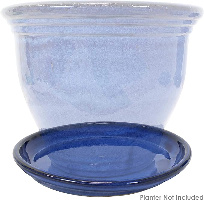 Sunnydaze 12-Inch Ceramic Plant Saucers - Plant Drip Trays for Outdoor Planter Flower Pot Drainage - Set of 2 - Imperial Blue