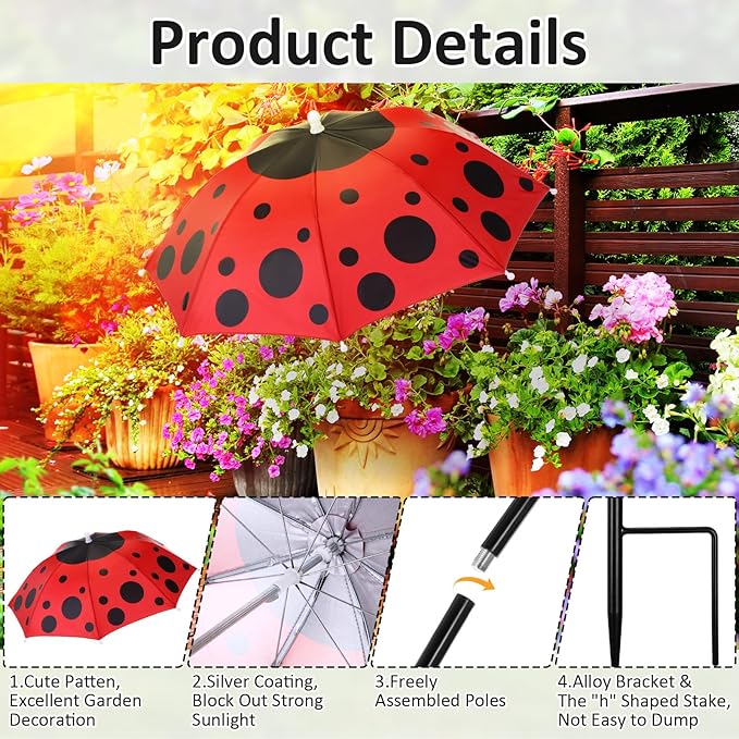 4 Pack Plant Umbrellas for Outdoor Plants, Upgraded Joints-enhanced Wind Resistance, Adjustable Height, Large Garden Umbrella Shade for Potted Plants Bed Flower Pot(Ladybug)