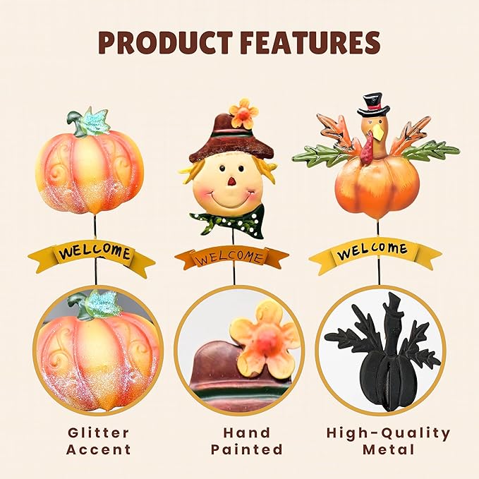 Fall Thanksgiving Halloween Garden Stakes, 3 Pcs Vintage Handmade Metal Yard Decors Featuring Pumpkin, Scarecrow & Turkey, Seasonal Outdoor Lawn & Indoor Décor, for Home & Garden Lovers