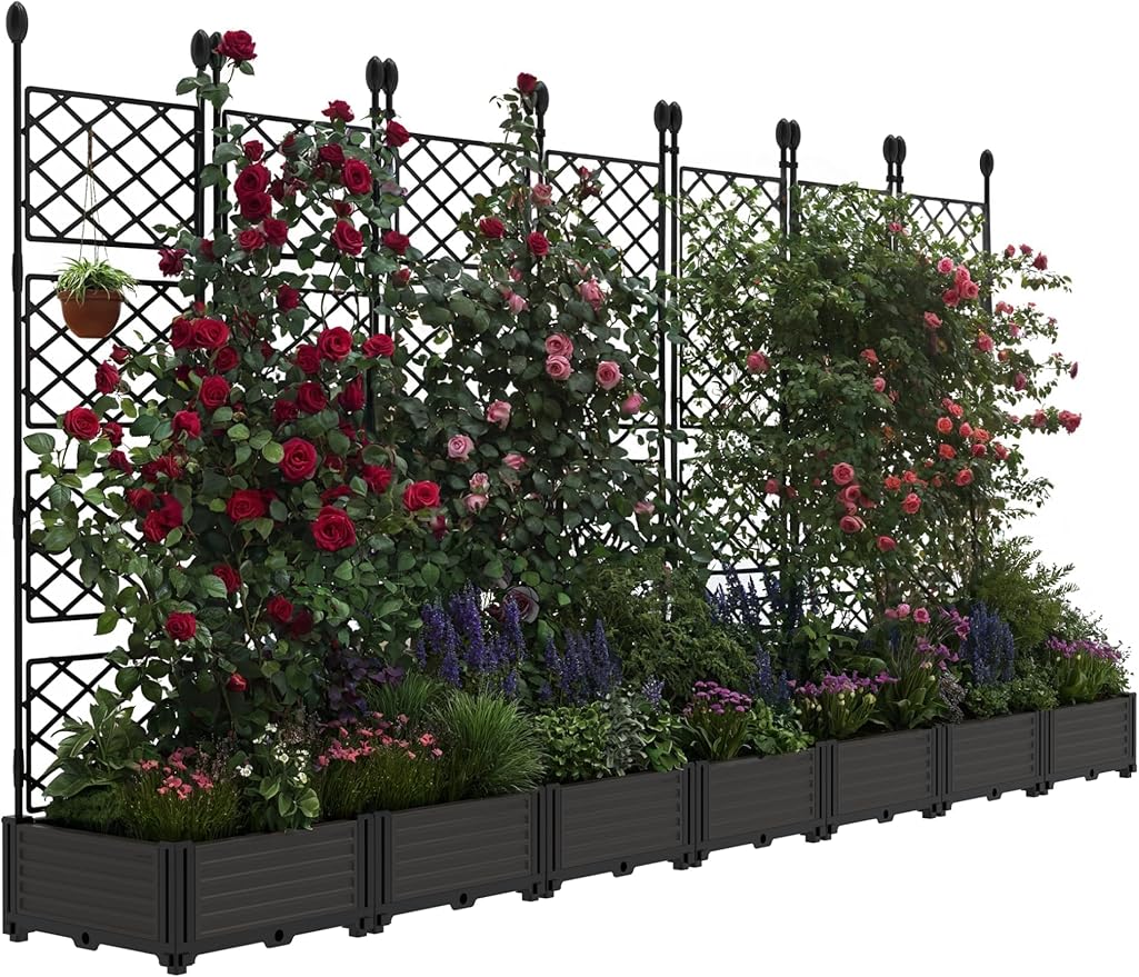 7 PCS Raised Garden Bed with Trellis, 114"LX16"WX63"H Plastic Planter Box for Climbing Plants, Outdoor Vertical Garden with Privacy Screen for Patio, Balcony, Backyard – Sturdy & Lightweight