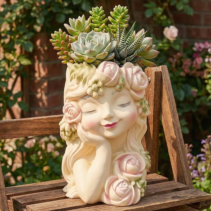 Decorative Garden Fairy Head Planter - Resin Flower Pot, Succulent Planter Holder, Tall Face Planters Pots, Phrenology Head Bust, Unique Planter Pot Sculpture, Elegant Home & Patio Decor