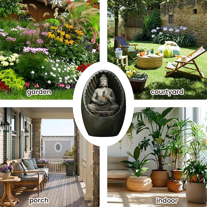 Water Fountain Outdoor Half-Encased Egg-Shaped Zen Buddha Fountain Indoor with Light Pump, Tranquil Relaxing Water Feature for Home Garden Patio Yard Balcony & Meditation Room, Brown
