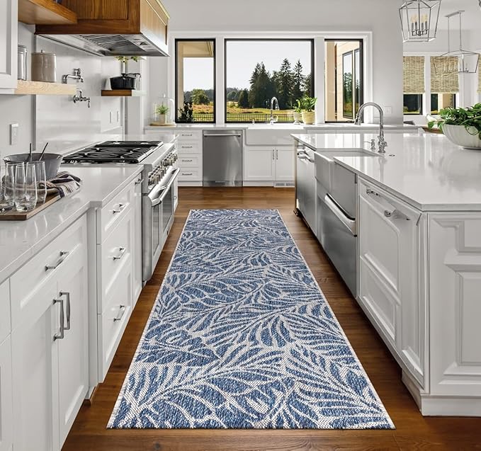 Keen Home Design Terrace Outdoor Runner Rug - 26"x119" Washable Indoor/Outdoor Rug for Patio, Kitchen, Balcony, Beach, Garden, Deck and Porch, Size: 2'2" x 9'11", Rainforest Navy