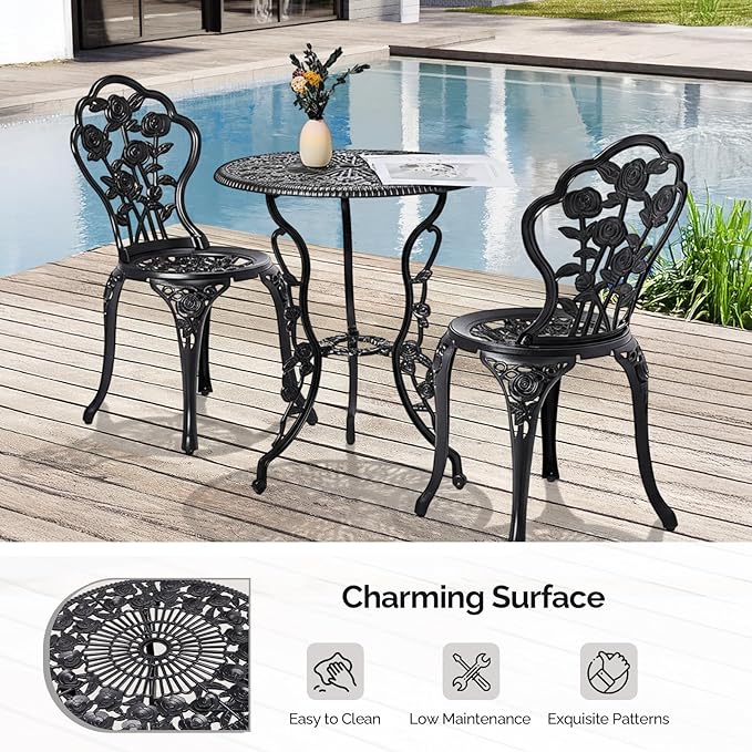 Outvita Patio Table and Chairs Set, Cast Aluminum Outdoor Cafe Table and Chairs Set of 3, Stability Patio Bistro Sets with Umbrella Hole for Garden, Patio, Balcony, Rose Pattern Black