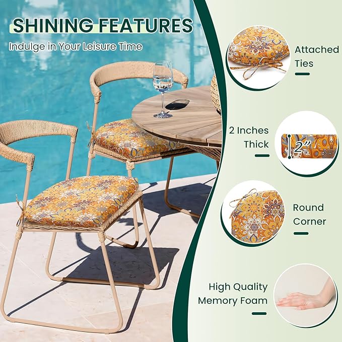 HARBOREST Outdoor Chair Cushions Set of 6, Water Resistant Patio Chair Cushions with Ties, Outdoor Seat Cushions for Patio Furniture, 17"x16"x2", Blooming