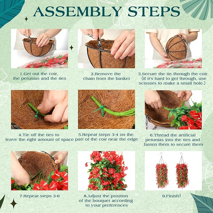 Hotop 2 Set Artificial Hanging Flower Basket and 6 Pcs Bougainvillea Silk Vine Flower for Outdoor Indoor UV Resistant Faux Hanging Plant Coconut Lining Planter Pot(Red)
