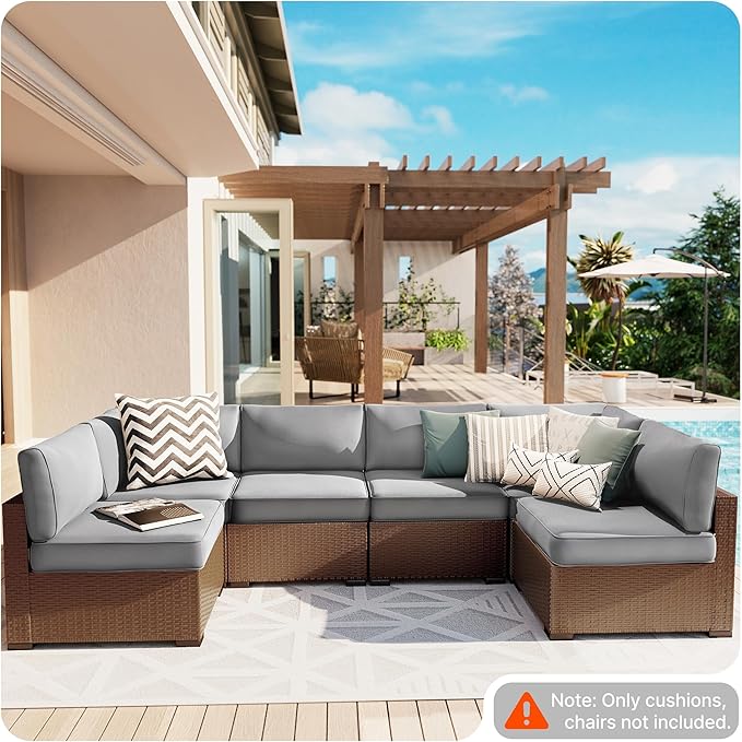 SUNCOZE 14-Piece Outdoor Cushions for Patio Furniture, 25.6"x25.6" Couch Cushion Replacement Designed for 6-Seat Sectional Sofa Sets, Anti-Slip Patio Cushions for Garden, Backyard, Porch (Grey)