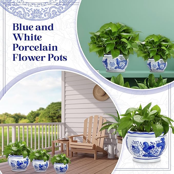Set of 3 Blue and White Porcelain Flower Pots 7.2'' 6'' 4'' Decorative Chinoiserie Plant Pots with Drainage Hole Saucers Ceramic Planters for Indoor Garden(Elegant Style)