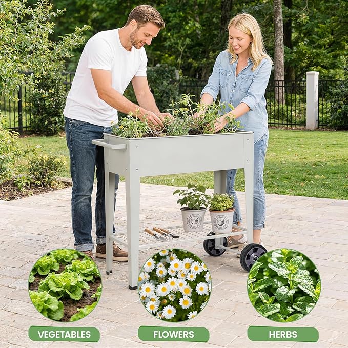 Tall Raised Garden Bed Outdoor with Wheels, Metal Elevated Raised Planter Box with Drainage Holes for Vegetables, Flower, Herbs(Grey)