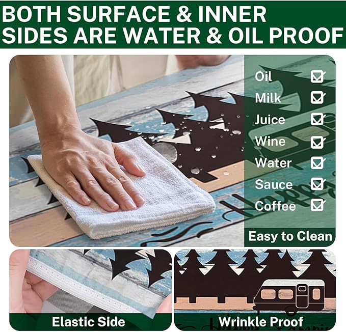 Picnic Table Cover with Bench Covers Elastic Edges, Blue Camper Fitted Table Cover, Outdoor Patio Camping Essentials 72 Inch 3PCS, Waterproof Camping Fitted Tablecloth with Drawstring Bag