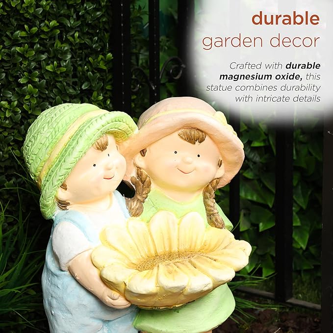 Alpine Corporation QWR1372 Boy and Girl Holding Sunflower Birdbath, Playful Child Statue with Birdbath, 17" H, Multicolor