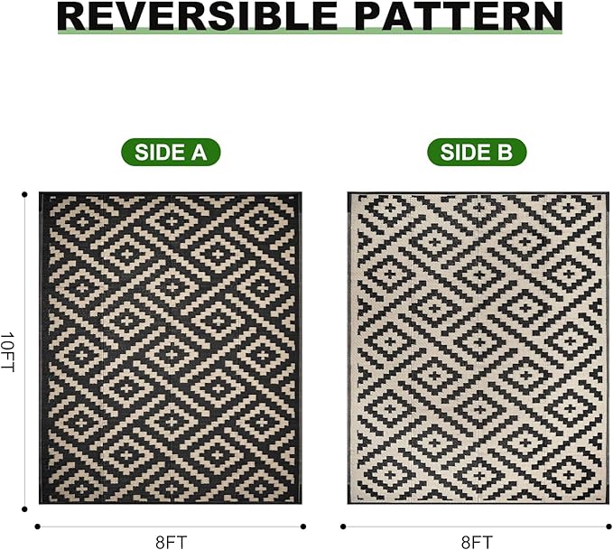 RURALITY Outdoor Rugs 8x10 Feet for Patios Clearance,Plastic Straw Waterproof Mats for Backyard,Porch,Deck,Balcony,Black&Beige