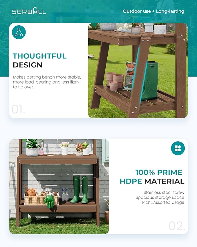 SERWALL Potting Bench Outdoor with Storage Set of 2, 3-Tier HDPE Gardening Table with Angled Legs & Tool Hooks, All-Weather Heavy Duty Potting Table for Patio, Backyard, Garden, Brown