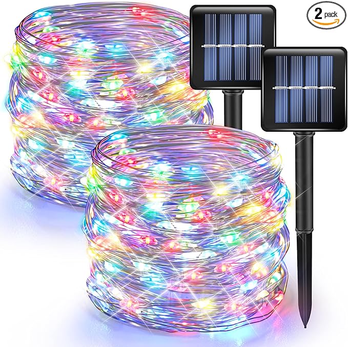 Dazzle Bright 2 Pack Solar String Lights Outdoor, Total 80FT 240LED Solar Powered Waterproof Fairy Lights 8 Modes, Copper Wire Lights for Christmas Patio Party Tree Yard Decoration (Multi-Colored)