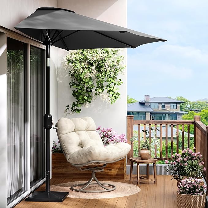 Garvee Patio Umbrella 9FT - Half Umbrella Outdoor with Smooth Crank Lift, Outdoor Shade Canopy for Patio, Backyard, Garden, Deck, Balcony -Gray