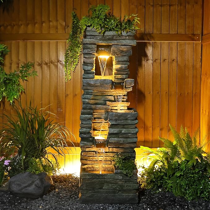 60 inches Large Outdoor Water Fountain Waterfall — Garden Rock Fountains 4-Tiered Waterfalls Outdoor with Lights Natural Stone Look Hollow Fountain for Patio Pool Porch Backyard, Stone Gray