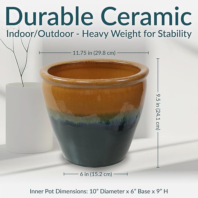Sunnydaze Round Ceramic Planter - Set of 2 Indoor or Outdoor Plant Pots with Drainage Hole - Chalet - 12" - Forest Lake Green Glaze