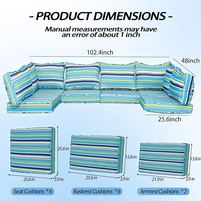 Patio Furniture Cushions, 14 Pieces Water-Resistant Outdoor Replacement Cushions, Sectional Sofa Cushions for 6-Seats Rattan Wicker Patio Conversation Sets (Aurora Colours)