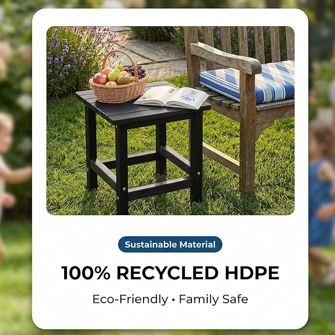 PASAMIC Adirondack Square Outdoor Side Table, HDPE Small Outdoor Table, Patio End Table for Patio, Pool, Backyard, Weather-Resistant, Easy Maintenance (Black)