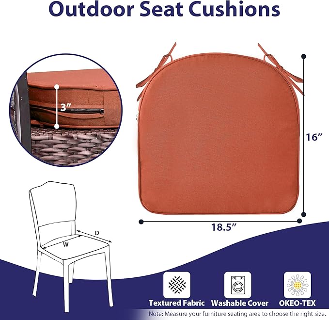 Outdoor Chair Cushions Set of 4 -Waterproof Outdoor Seat Cushions for Patio Furniture, Patio Chair Cushion with Handle and Ties, Round Out Door Chair Pads,18.5" x 16" x 3", Spice