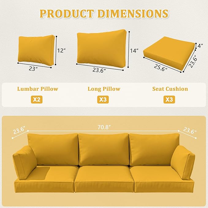 8-Piece Outdoor Cushions for Patio Furniture Thick Outdoor Chair Cushions Resilient Foam Waterproof Deep Seat Cushion Replacement for 3-Seat Sectional Sets Liner&Cover Yellow