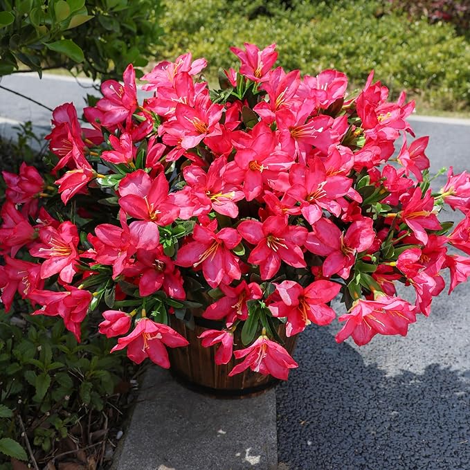 INSPRING Artificial Flowers for Outdoors Outside Decoration, 3 Bundles Spring Fake Silk Azalea Plants UV Resistant Realistic Faux Flowers for Outdoor Planter Front Door Patio Garden Home, Hotpink