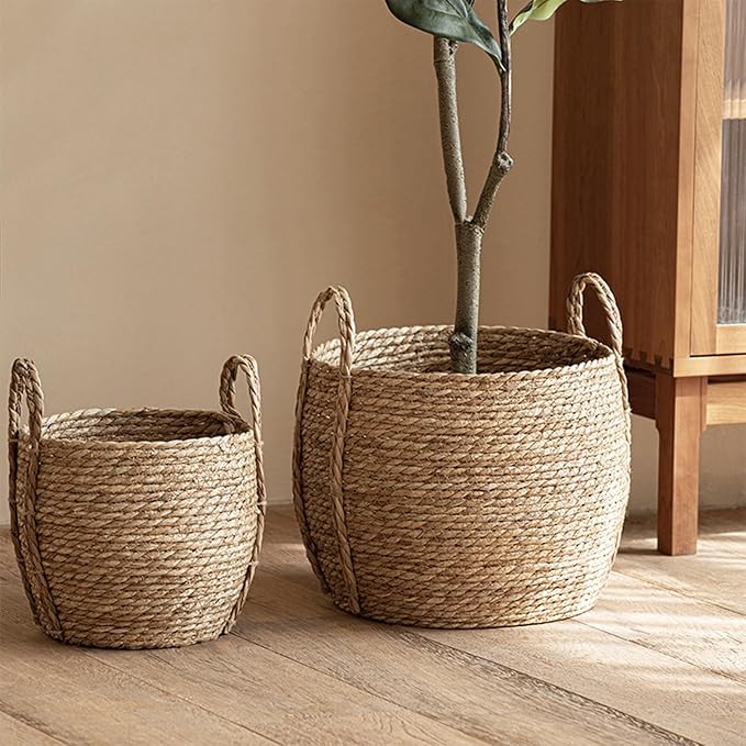 Rattan Grass Woven Flower Basket, Decorative Round Wicker Woven Rope Storage Blanket Basket with Woven Handles,Planter Pot for Living Room,Floor Standing Storage,Balcony Garden Decoration