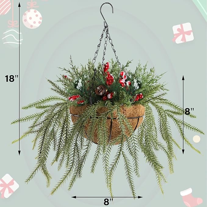 DR.DUDU Christmas Decorations Hanging Baskets, 18" Artificial Basket with Lights Timer for Outdoor Porch with Norfolk Pine Cones Berry Clusters Holiday Winter Xmas Decor for Home Front Door Yard