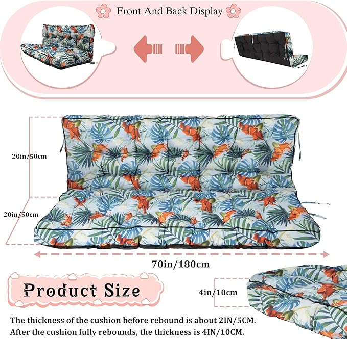 2-3 Seat Swing Replacement Cushion, Outdoor Bench Cushions with Backrest Thicken 4", Patio Furniture Garden Porch Loveseat Glider Pad Anti-Fading Waterproof (Hawaiian Flower, 40x70in-thicken)