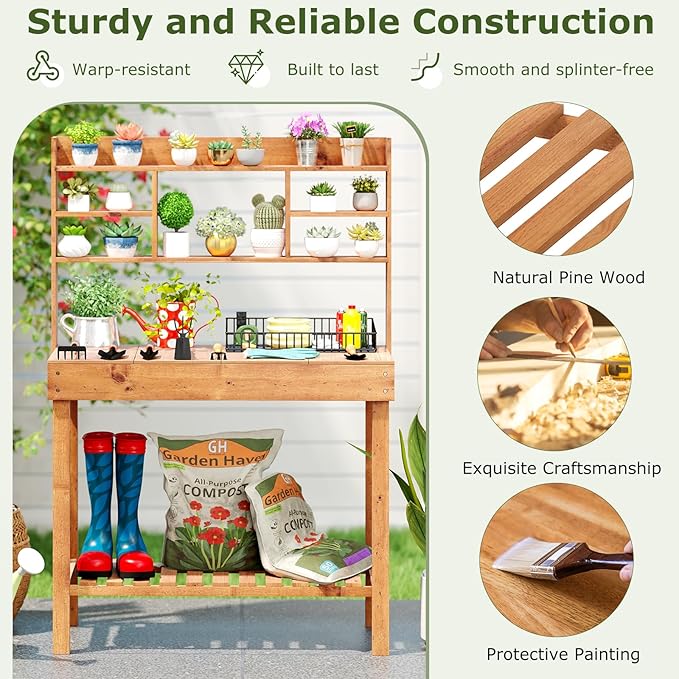 Giantex Potting Bench, Outside Solid Wood Potting Table with Flip-up Tabletop, Shelves, Indoor Outdoor Wooden Workbench for Patio Porch Balcony, Potted Plant Display Rack, 42"x18"x60", Brown