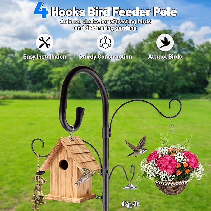 4-Hook Shepards Hooks for Outdoor,Adjustable 92 Inch Bird Feeder Pole with 5 Base Prongs,Garden Planter Stakes Suitable for Garden in Hanging Flower Basket,Lantern,Outdoor Décor