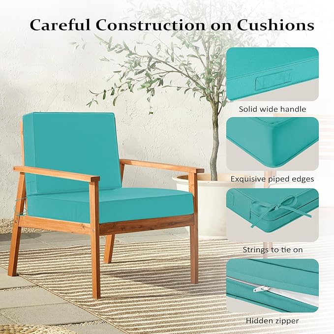 Cozyide 22x22 Outdoor Cushions for Patio Furniture, Waterproof Outdoor Chair Cushions with Non-Slip Ties and Handle, Washable Deep Seat Cushions for Outdoor Furniture with Removable Cover, Teal