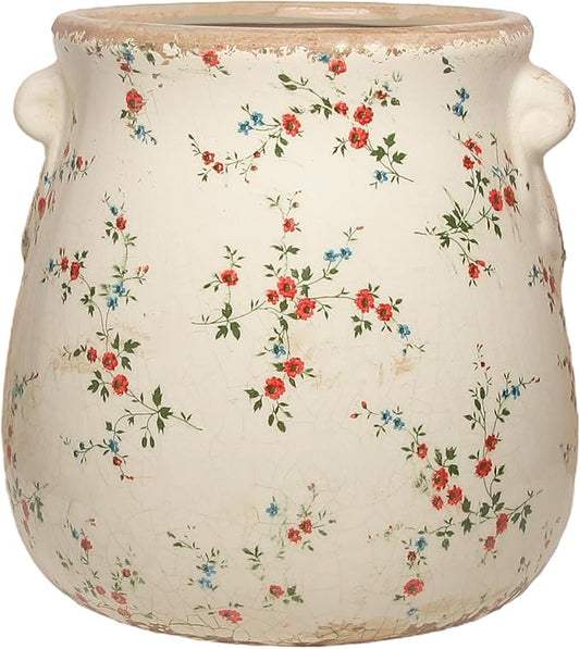 Ceramic Vases for Centerpieces, Shabby Chic Vase & Flower Pot with Drainage, Country Chic Decor for Office Room Garden Balcony Mantel Fireplace Table & Shelf, Red Floral