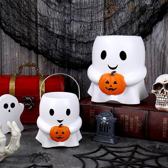 Whaline 2Pcs Halloween Ghost Planter Cute Ghost Pumpkin Bucket Small + Large Holiday Flower Vase for Indoor Outdoor Display Home Decor