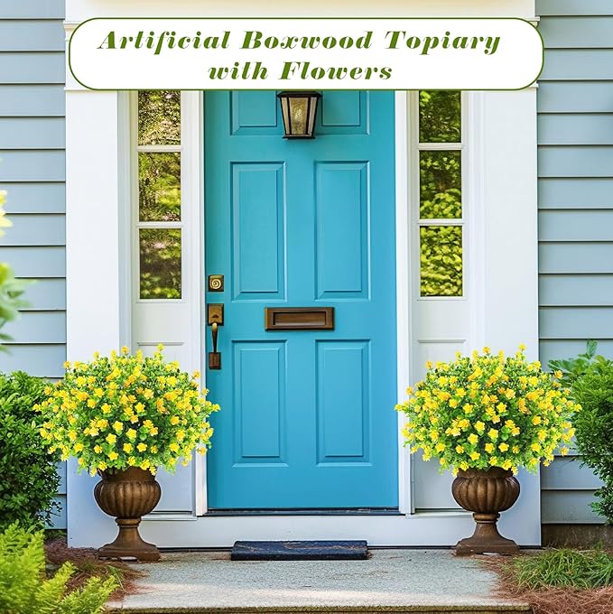 Yunlly 2 Pcs Outdoor Artificial Topiary Ball Trees 22" with Colorful Flowers, Boxwood Fake Bushes Shrubs with Spike, UV Resistant Evergreen Plants for Front Porch Garden Decor (Yellow)