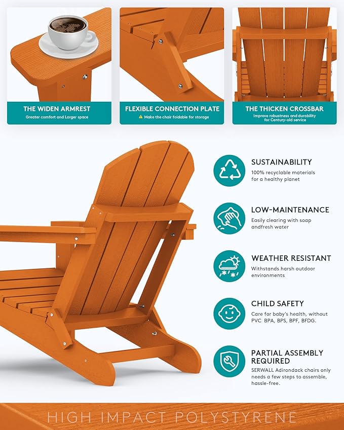 SERWALL Foldable Adirondack Chair Set of 2 for Patio Garden Outdoors Fire Pit Chairs-Orange