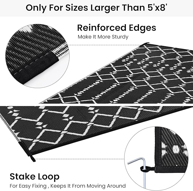 Smiry Outdoor Rug 6x9 ft, Waterproof Reversible Plastic Straw Rugs, Boho Outdoor Area Rug, Outside Floor Mat for Patio, Backyard, Deck, Picnic, Beach, Camping, Black