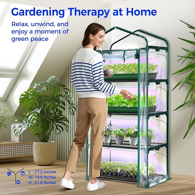 Indoor Greenhouse with Grow Light, Ohuhu 4-Tier Mini Green House for Winter - Full Spectrum Greenhouses for Seed Starting Small Portable Green Houses Waterproof PVC Cover & Adjustable Shelves
